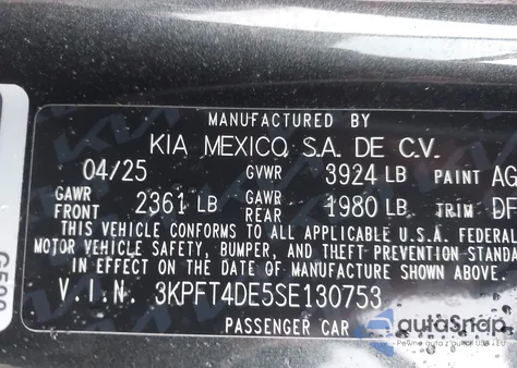 2025 Kia K4 Lxs from USA, damaged, VIN 3KPFT4DE5SE130753